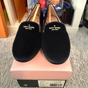 kate spade black velvet loafers with gold logo